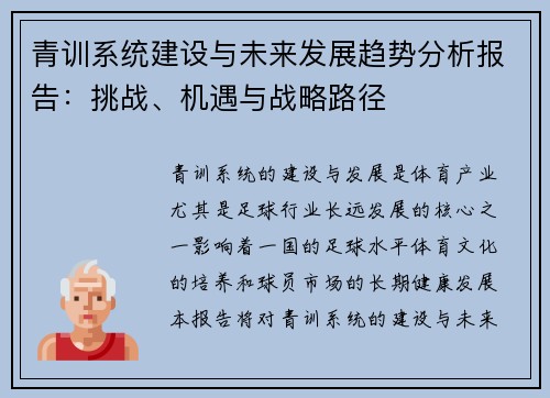青训系统建设与未来发展趋势分析报告：挑战、机遇与战略路径